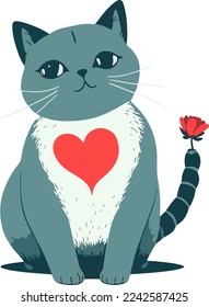 Cat with heart, vector illustration isolated on white background, valentine day cat with heart, cute cat with vector heart. for copy space and design assest