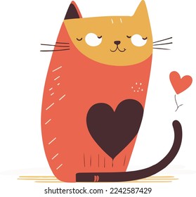 Cat with heart, vector illustration isolated on white background, valentine day cat with heart, cute cat with vector heart. for copy space and design assest