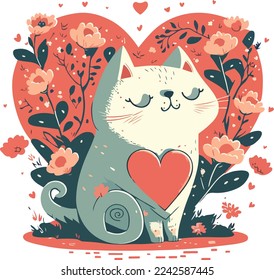 Cat with heart, vector illustration isolated on white background, valentine day cat with heart, cute cat with vector heart. for copy space and design assest
