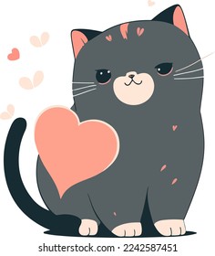 Cat with heart, vector illustration isolated on white background, valentine day cat with heart, cute cat with vector heart. for copy space and design assest