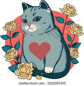 Cat with heart, vector illustration isolated on white background, valentine day cat with heart, cute cat with vector heart. for copy space and design assest