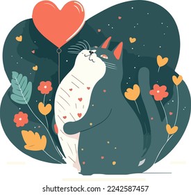 Cat with heart, vector illustration isolated on white background, valentine day cat with heart, cute cat with vector heart. for copy space and design assest