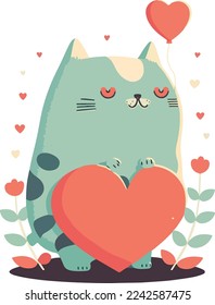 Cat with heart, vector illustration isolated on white background, valentine day cat with heart, cute cat with vector heart. for copy space and design assest