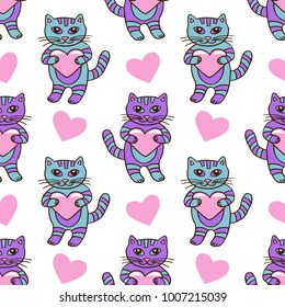 Cat with heart. Vector seamless pattern background