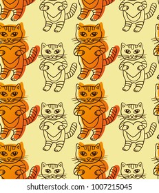 Cat with heart. Vector seamless pattern background
