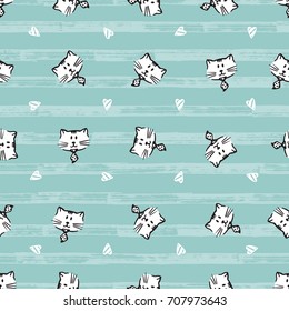 Cat and Heart Vector Seamless pattern. Hand Drawn Doodle Pet. Animal Background for kids