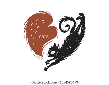 Cat and heart vector silhouette with text "I love cats". Pet logo shelter design, pet lover community logotype.

