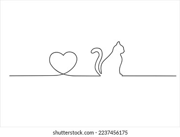 Cat and heart vector stroke line design