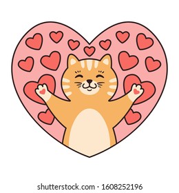 Cat in hearts. Greeting cards for Valentines Day, Birthday, Mothers Day. Cartoon animal character vector illustration isolated on white background. Doodle cartoon style.
