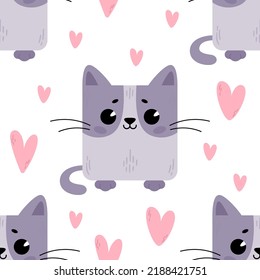 Cat with hearts. Pattern with cute cartoon animals. Kawaii children's print with pets. Vector illustration for fabric, paper, wallpaper, packaging