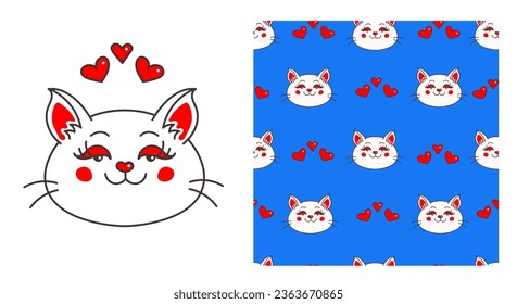 Cat with hearts print and seamless pattern. Funny kitten in love. Bright colorful seamless background for kids, pets. Repeat vector illustration.