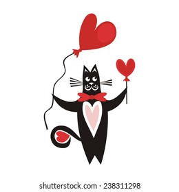 Cat with hearts valentines day card vector illustration