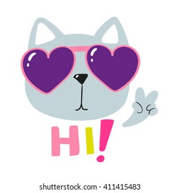 Cat in Heart-Shape Sunglasess and inscription Hi!