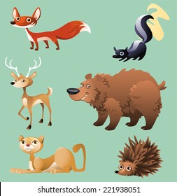 cat, hedgehog, elk, deer, skunk, fox, bear, bob cat, vector cartoon of Forest animals.