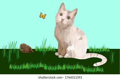 cat and hedgehog in the style of polygonal graphics