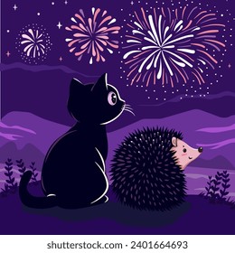 The cat and hedgehog watched the sky come alive with a dazzling display of fireworks.