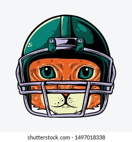 cat with helmet american footbal player / cute cat playing american football vector illustration