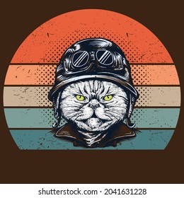 cat with helmet design vintage cat with bike vector motorbike poster silhouette retro and grunge custom scooter piston plug of bike Template for poster, banner, print for t-shirt,pin,logo, clip art