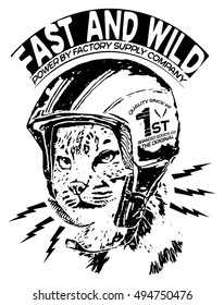 cat and helmet and motorcycle graphic for t shirt and tee print