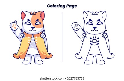 cat hero greets with coloring page