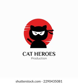 Cat heroes. Cat with ninja dress and sword on the moon background. logo design. vector EPS 10