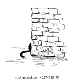 The cat hid behind a brick wall. Hand-drawn black and white sketch. Vector illustration.