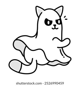 A cat hidden in a ghost costume, doodle style icon 

