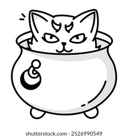 A cat hidden inside the witch’s cauldron, a doodle style icon 

