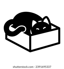 Cat hide in box solid icon, funny animals concept, kitty is hiding inside box vector sign on white background, glyph style icon for mobile concept and web design. Vector graphics