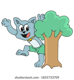 a cat hiding behind a tree. cartoon illustration sticker emoticon