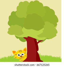 Cat hiding behind a tree vector illustration