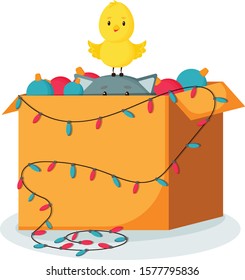 The cat is hiding in a box. A bird on the cat's head. Christmas card. Template for the sale of Christmas goods. Seasonal sale. Isolated on white background.