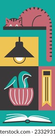 The cat is hiding on the bookshelf. Open book. A lamp for comfortable reading. Houseplant for comfort. Bookmark to save important information. A set of images in a minimalist style of flat graphics.
