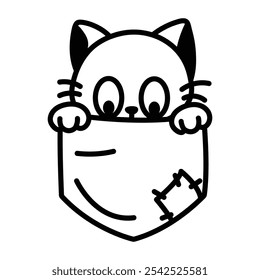 A cat hiding in a pocket, doodle style icon 

