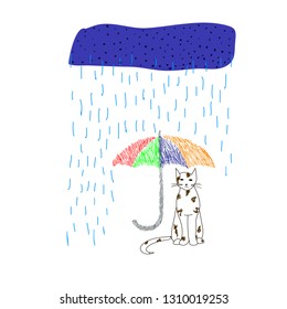The cat is hiding from the rain under an umbrella. Hand written postcard. Cute simple vector.