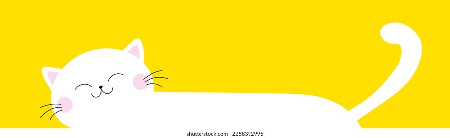 Cat hiding silhouette. Funny face head. Pink cheeks. White kitten. Cute kawaii animal. Cartoon pet character. Baby card. Notebook cover. Sticker print. Banner. Flat design. Yellow background. Vector