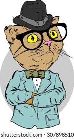 cat hipster dressed up in tweed coat, fashion animal illustration, anthropomorphic design furry art hand drawn