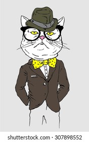 cat hipster dressed up in tweed coat, fashion animal illustration, anthropomorphic design furry art hand drawn