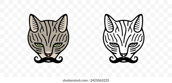 Cat with hipster mustache handlebar, cat looking, graphic design. Animal and pet, kitten or catlike, cat face and cat is watching, vector design and illustration