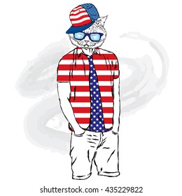Cat hipster shorts and shirt. Cat with the human body. Cat with glasses and a cap. Vector illustration for greeting card, poster, or print on clothes. Fashion & Style. Hipster in summer clothes.