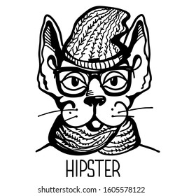 Cat hipster style. Vector printable cat handdrawn illustration isolated on white. Cat hipster fashion style wear in glasses and knitted clothes