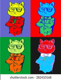 Cat Hipster With Trendy  Butterfly Tie And Fashionable Glasses. Style Pop Art Warhol 