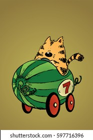 Cat and his watermelon ride.Funny looking cartoon character.Vector illustration