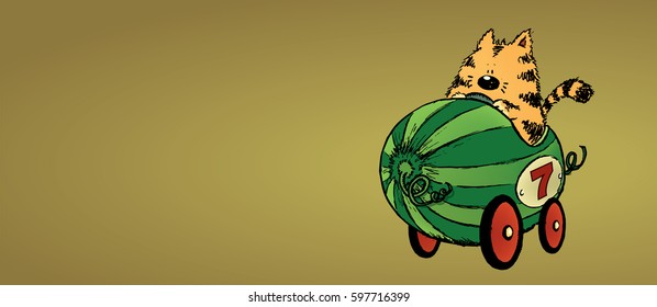 Cat and his watermelon ride.Funny looking cartoon character.Horizontal banner vector illustration