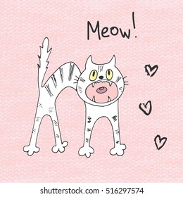 Cat hisses and meows. Vector illustration of hand drawn sketch.
