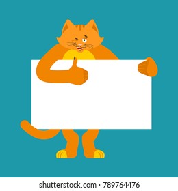 Cat holding banner blank. Pet and white blank. Kitty thumb up and winks joyful emotion. place for text. Vector illustration