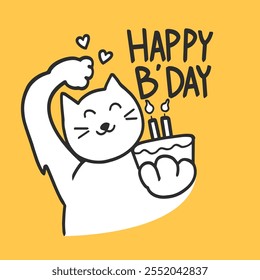 A Cat Holding a Birthday Cake with Heart Pose Vector Cute Illustration