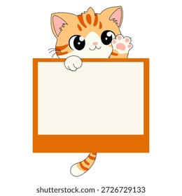 gato segurando uma placa de quadro em branco para texto, ilustração de vetor de personagem de gatinho adorável