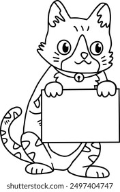 A cat is holding a blank piece of paper. The cat is smiling and looking at the camera. Concept of playfulness and curiosity