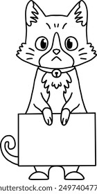 A cat is holding a blank piece of paper. The cat is smiling and looking at the camera. Concept of playfulness and curiosity